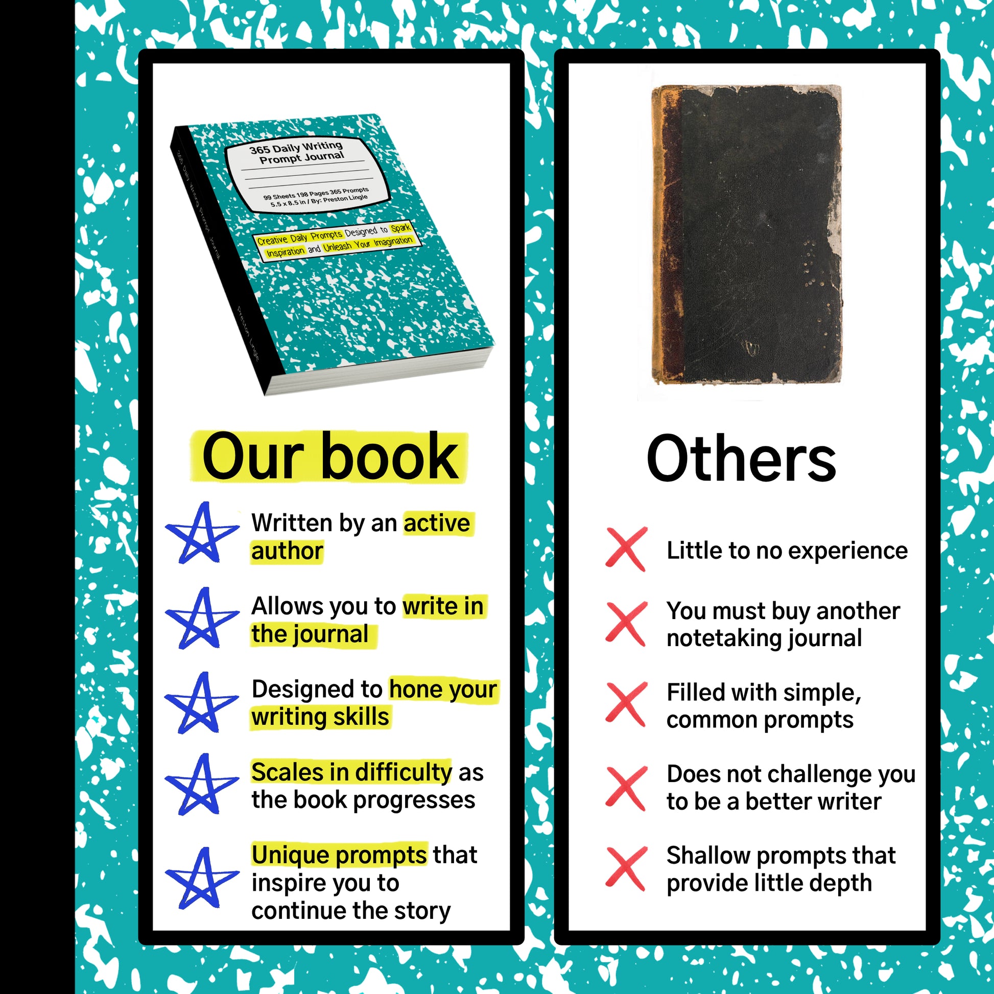 Comparison chart between 'Our book' and 'Others' on a teal background with white speckles.